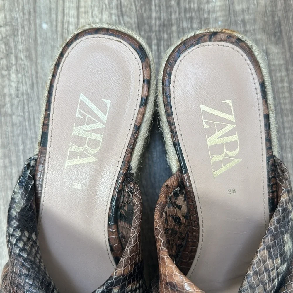 Zara Brown Snakeskin Jute Espadrille Platform Slide Sandals Sz 38 / 7.5